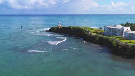 beautiful scenic flight towards senator puerto plata spa resort tip of peninsula landscape, puerto plata, dominican republic, above aerial approach