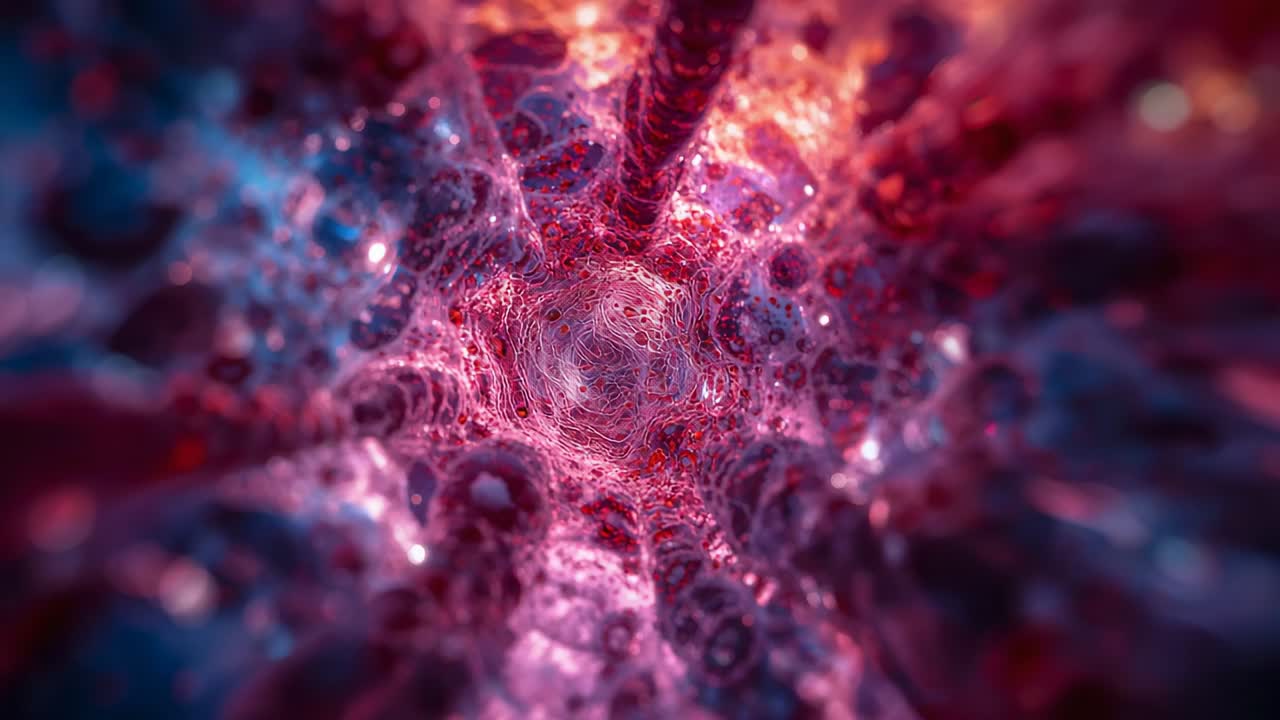 Gliding camera entering tunnel mouth traversing fibrous lumen at microscale, revealing red spheres