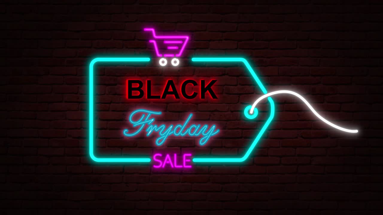 네온 표지판과 함께 블랙 프라이데이 광고: loopable 애니메이션 4k 3d 렌더링