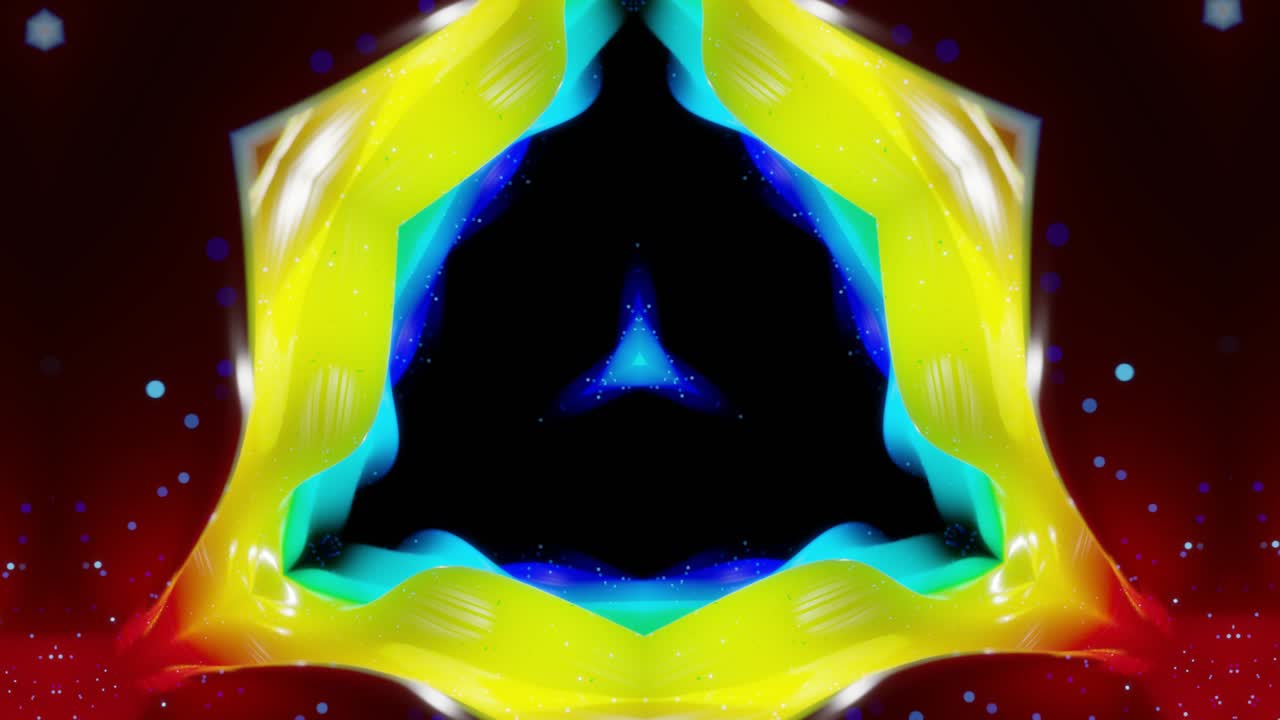 Strutture 3D simmetriche astratte con animazione in loop, sfumature di colore arcobaleno fluide. Effetto caleidoscopio con onde frattali astratte. Bellissimo sfondo astratto con motivo 3D. Profondità di campo