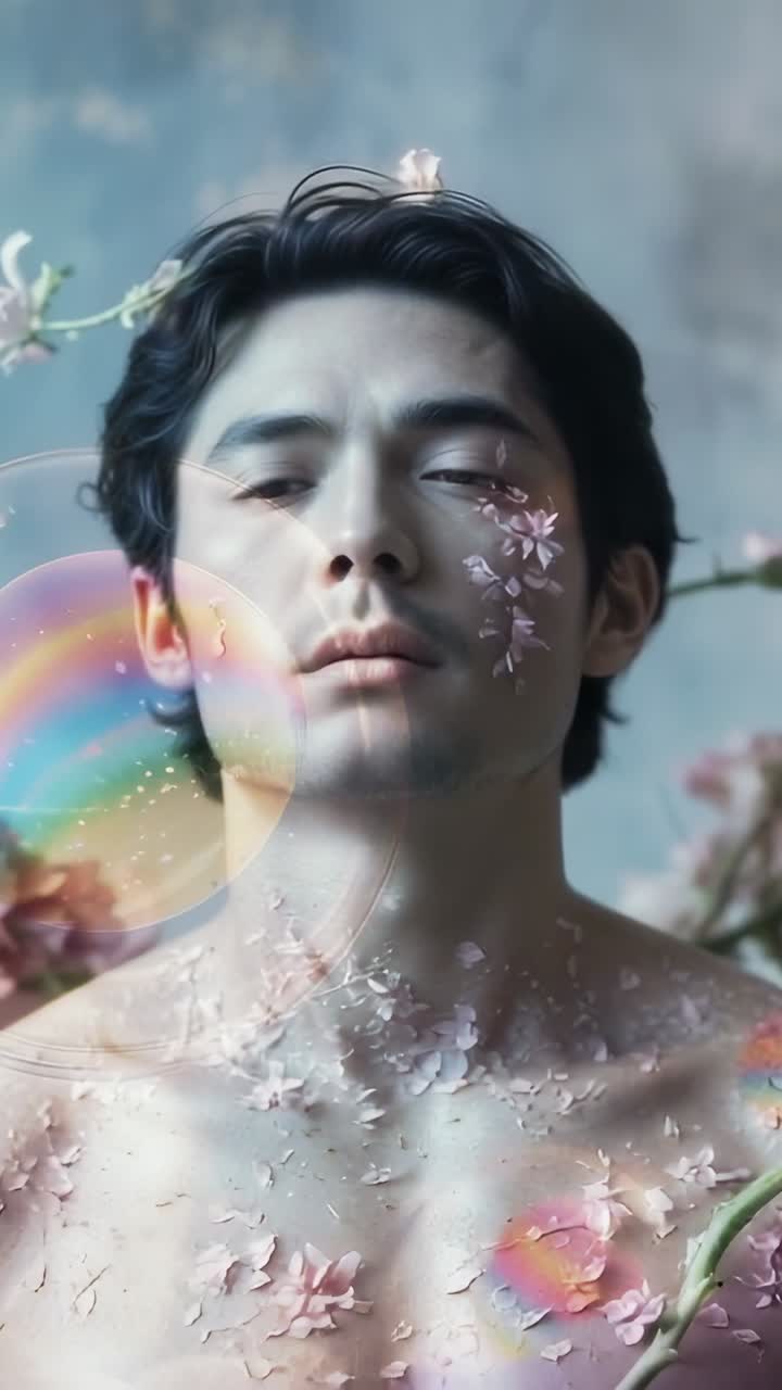 Vertical video: With bubbles drifting, shirtless man opening eyes in set with petals and blossoms