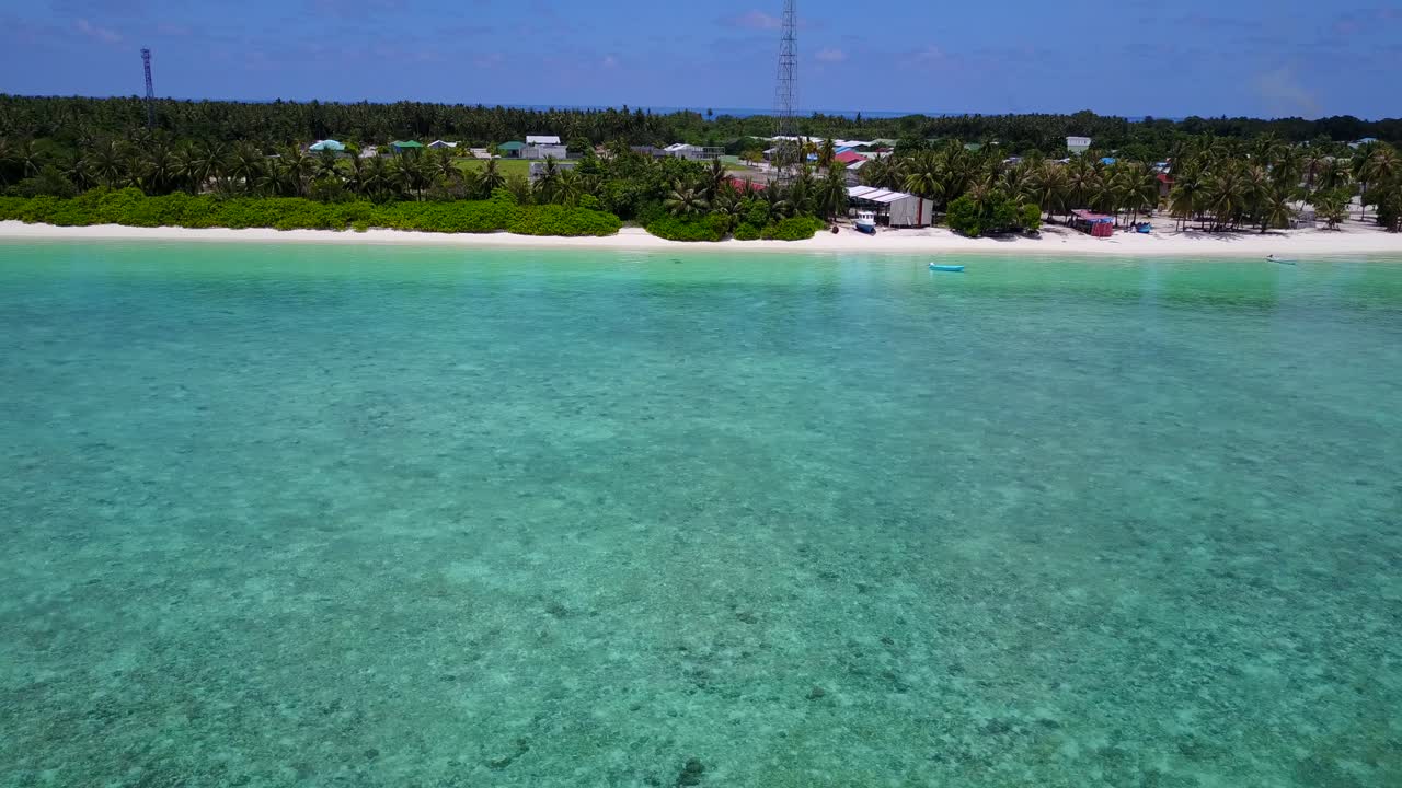 amplio movimiento aéreo a lo largo de la costa de maldivas que muestra una hermosa playa, agua turquesa y pueblo