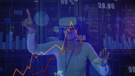 woman it specialist wearing vr headset in data center, interacting with graphs and percentages