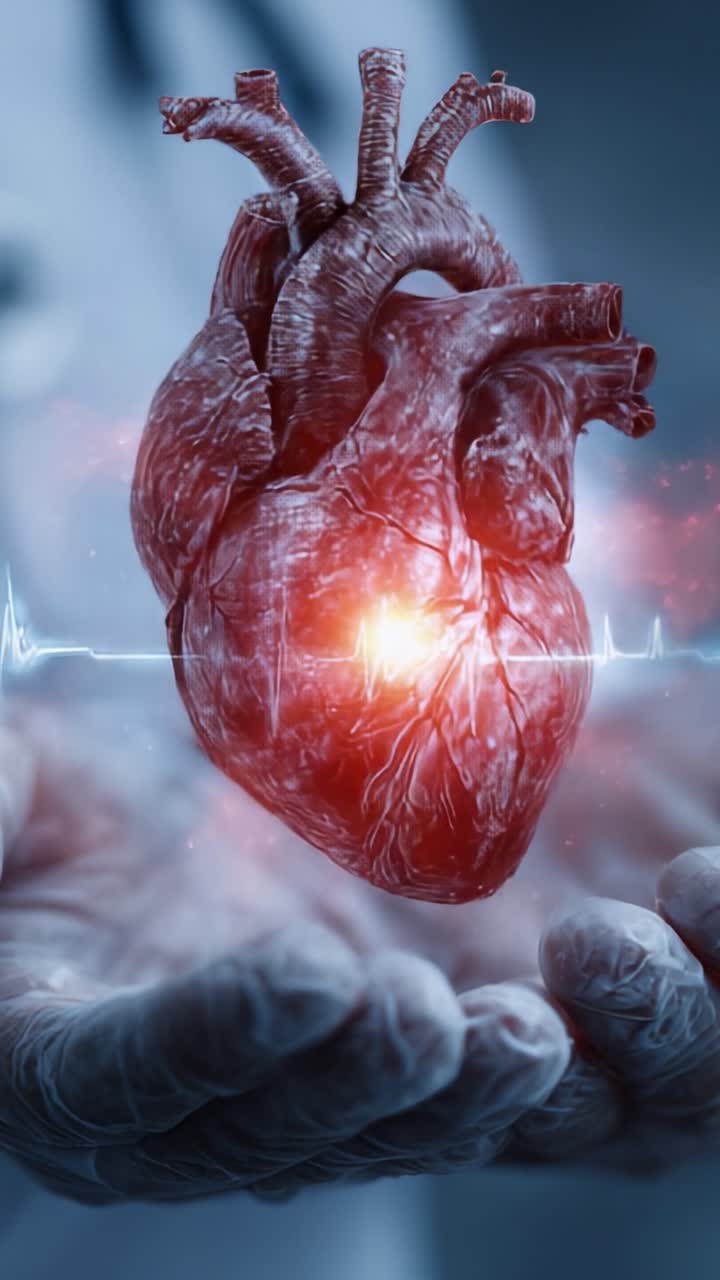 A Glowing Human Heart Suspended in a Hand, Representing Life and Vitality with Visual Effects and a Pulsating Energy Aura