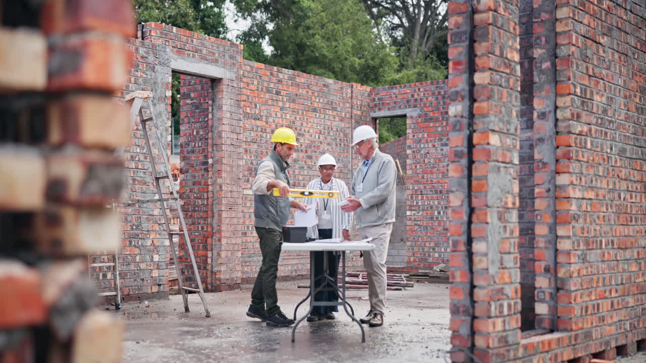 Construction workers planning at a bricklaying site