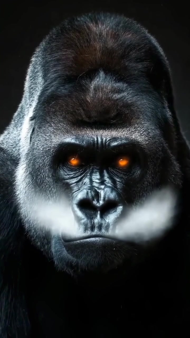 Ritratto Ravvicinato di un Gorilla Silverback con Occhi Arancioni Luminosi