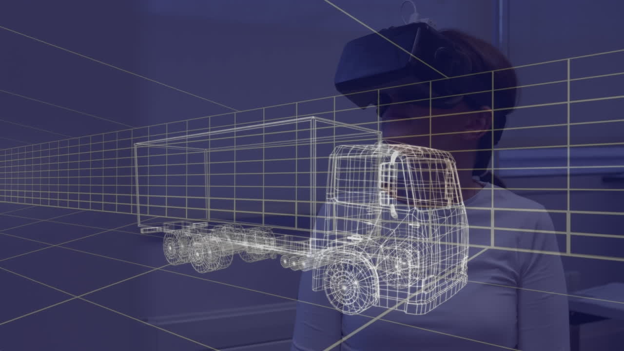 animación de un dibujo de coche en 3d sobre una mujer con auriculares vr