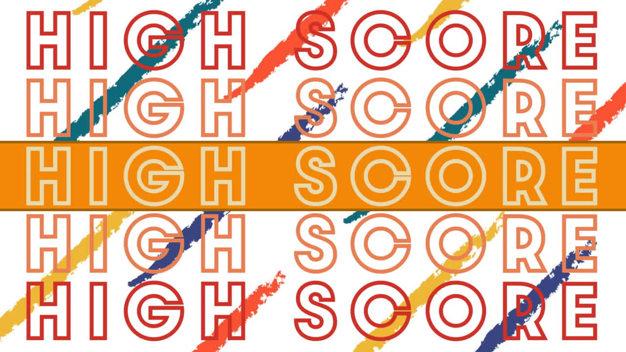 animación digital de texto de alta puntuación contra rayas de colores sobre fondo blanco