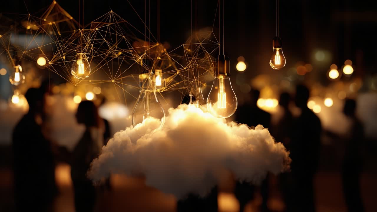 An ethereal display of illuminated clouds, intertwining with delicate light bulbs, creating a magical ambiance that transforms the space into a dreamlike environment filled with warm glow