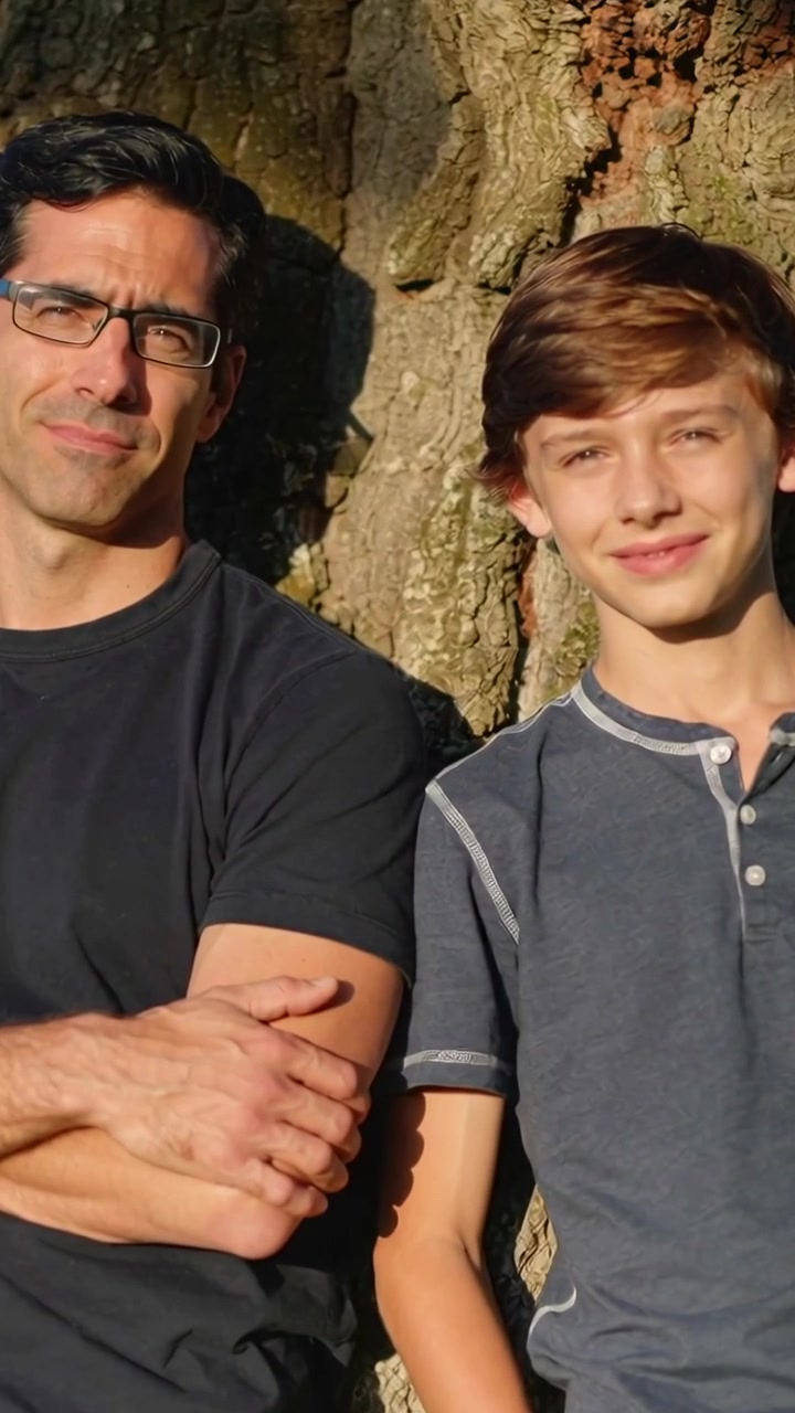 Video verticale: Padre e adolescente appoggiati a un albero, la luce del sole fa sorridere l'adolescente socchiudendo gli occhi, con occhiali e maglietta henley.