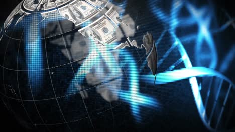 animation of dna strains over a globe made of american dollar bills spinning.