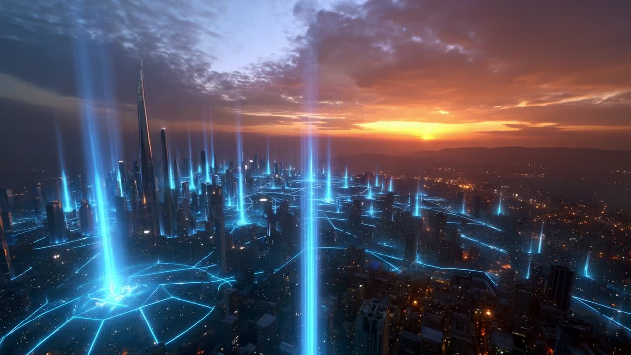 A Dazzling Futuristic Cityscape at Dusk, Illuminated by Radiant Blue Beams Projecting from Towering Skyscrapers, Casting a Mesmerizing Glow Over a Connected Urban Grid Under a Vibrant Sunset Sky