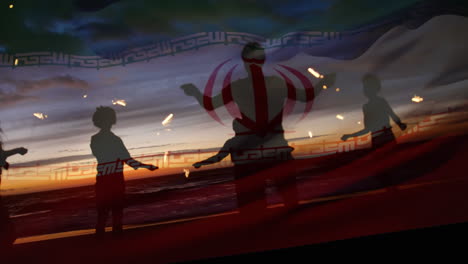 animation of waving flag of iran over group of friends having fun on the beach