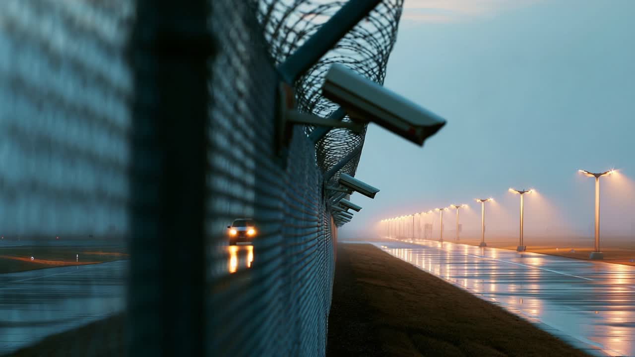 Foggy Airport Perimeter at Dusk: A Serene Yet Secure Environment with Surveillance Cameras and Reflections on the Wet Ground Creating an Atmospheric Scene