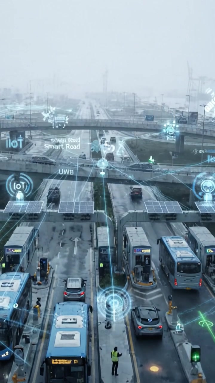 Infrastruttura stradale intelligente innovativa dotata di soluzioni di trasporto integrate e sistemi automatizzati per una maggiore mobilità urbana ed efficienza negli ambienti urbani.