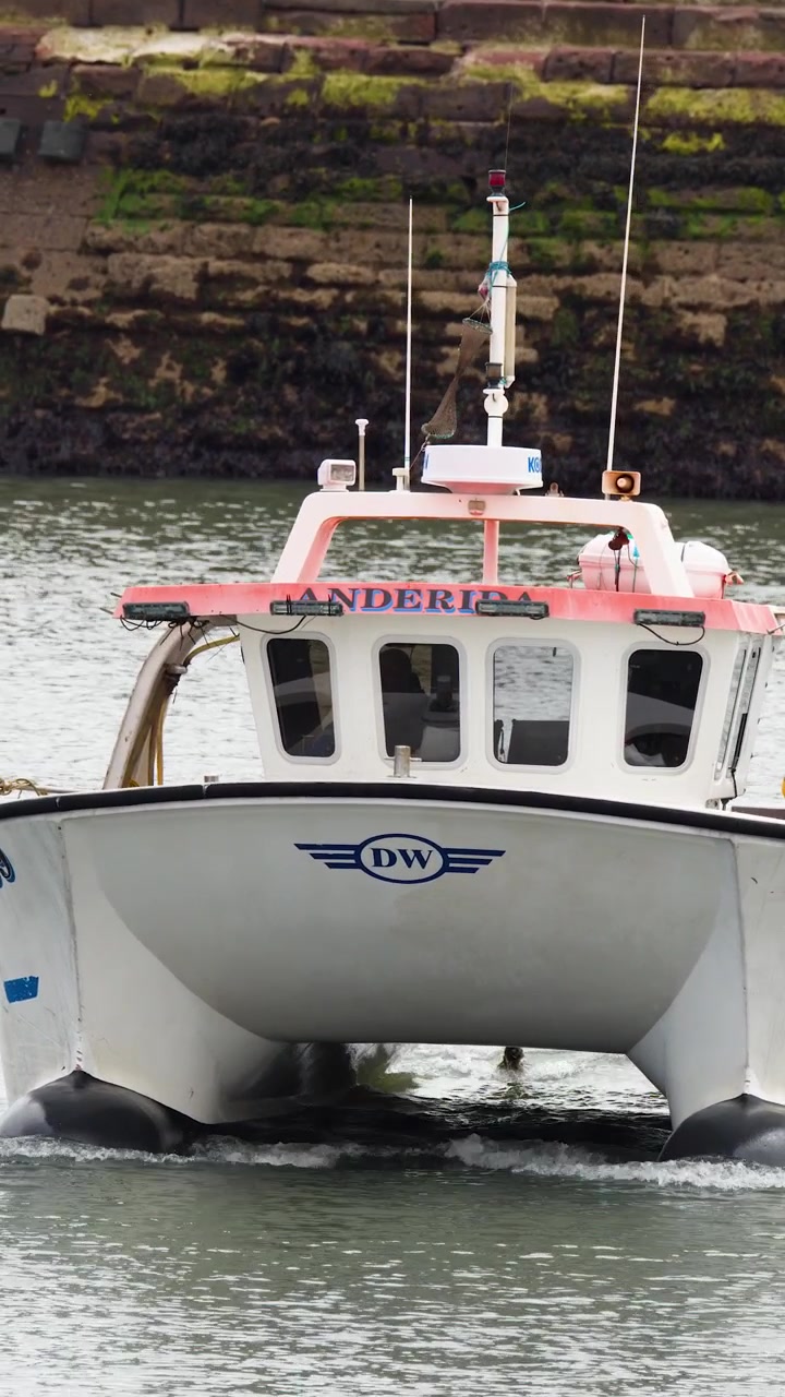Un catamarano da pesca bianco si avvicina lentamente a un muro di pietra del porto sotto la luce diurna nuvolosa, con la telecamera fissa.
