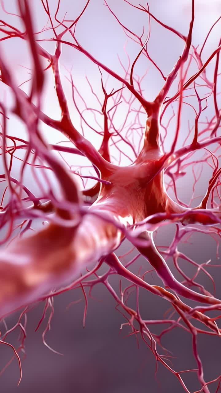 Detaljert oversikt over nevronstruktur som fremhever dendritter, aksoner og myelinskjede i et levende rosa fargeskjema for nevroanatomiske studier