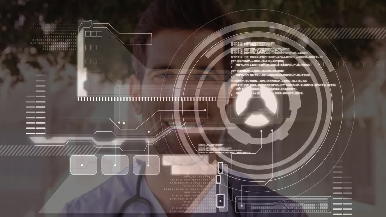 Healthcare professional outdoors using digital interface with stethoscope in hand