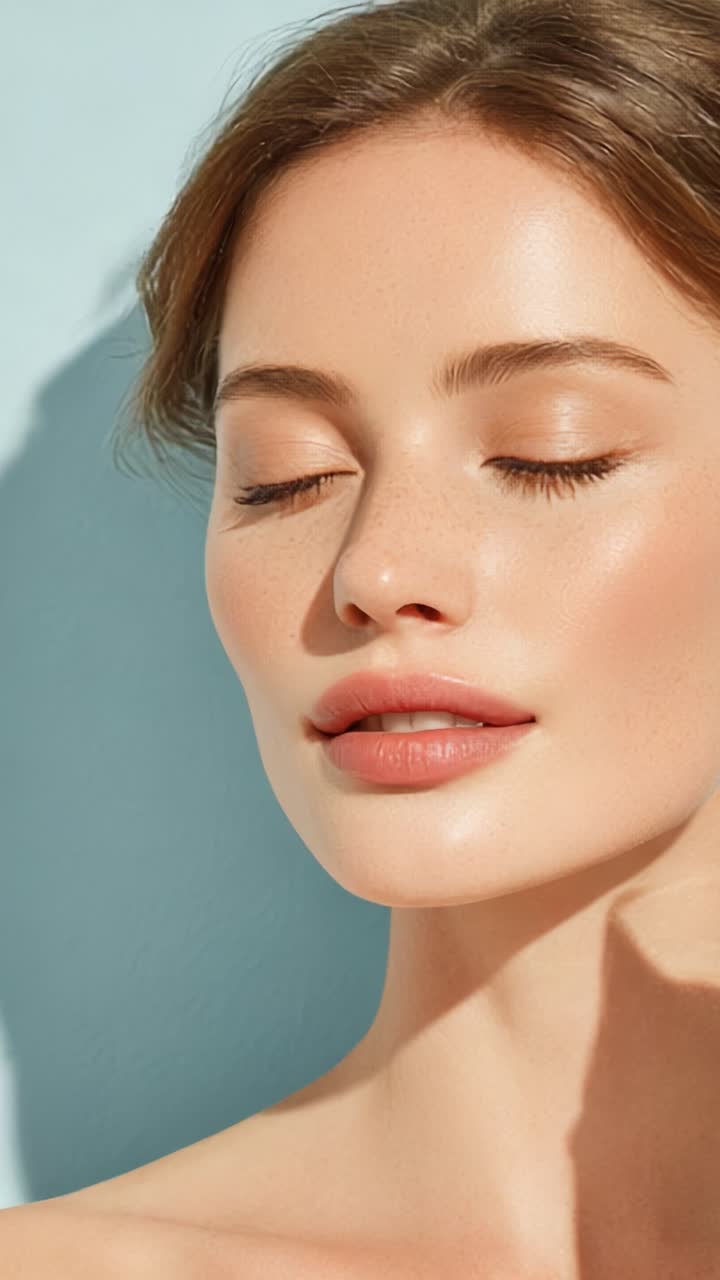 Radiant Portrait: Serene Beauty with Natural Glow Against Soft Blue ...