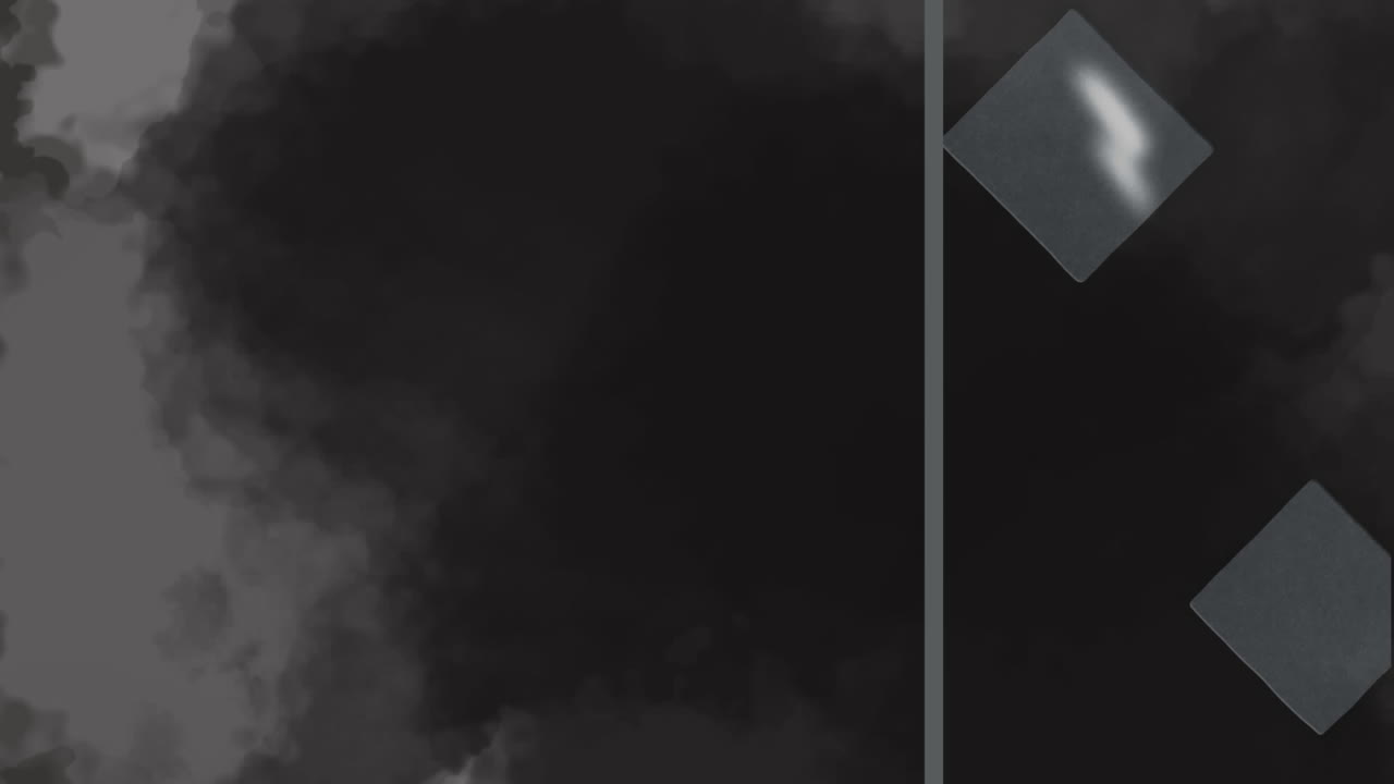 검은 바탕에 회색 사각형과 선을 가진 회색 연기 폭발의 애니메이션