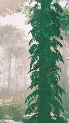 sunbeams through a lush forest