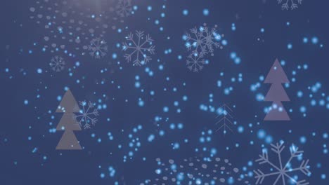 Animation-Von-Schnee,-Der-über-Weihnachtsbäume-In-Einer-Winterlandschaft-Fällt