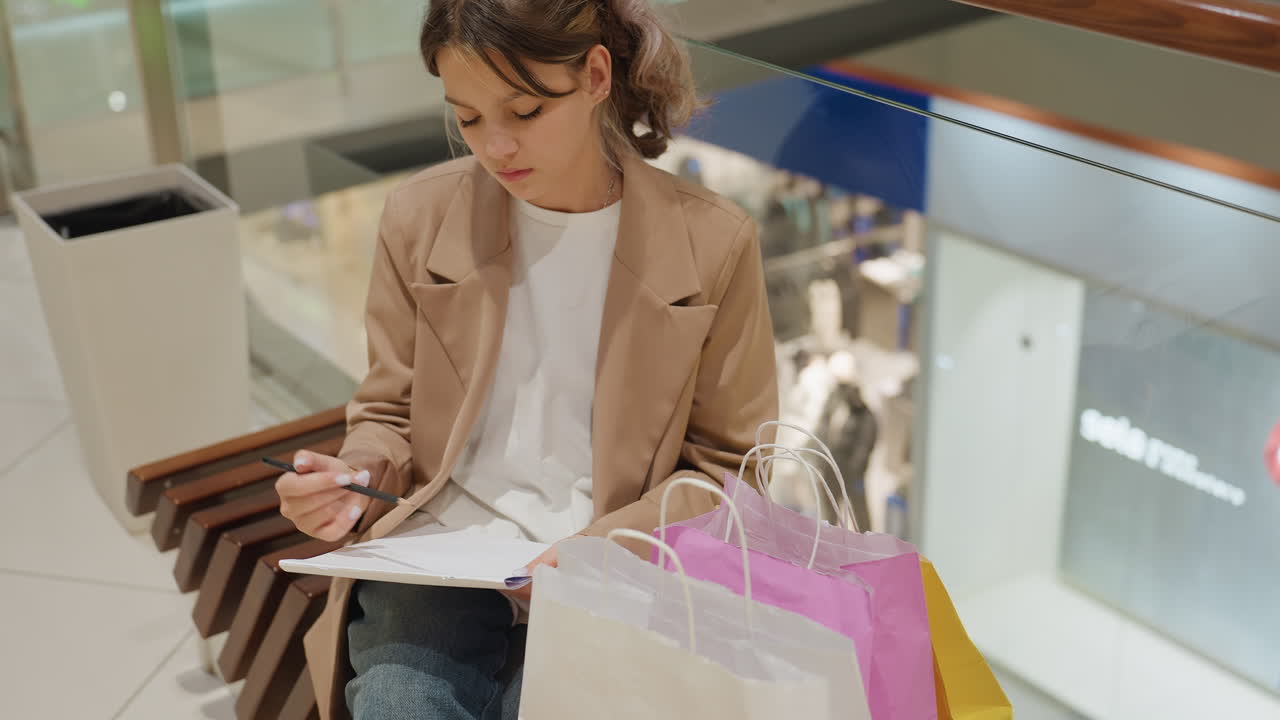 Una joven coloca cuidadosamente unas bolsas; una mujer informal organiza y anota sus compras en el exterior; una joven caucásica con estilo clasifica y registra meticulosamente sus adquisiciones de compras al aire libre.
