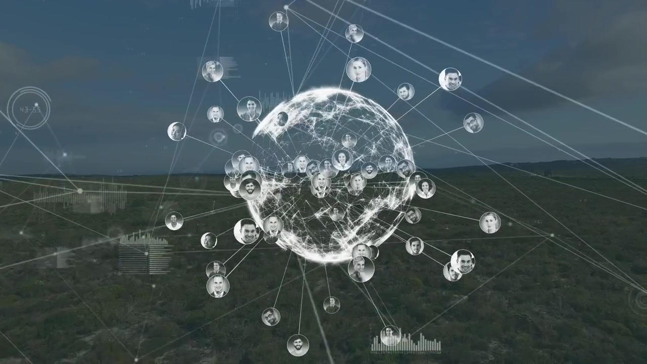Animazione di una rete di connessioni con foto di persone sopra un globo e un paesaggio