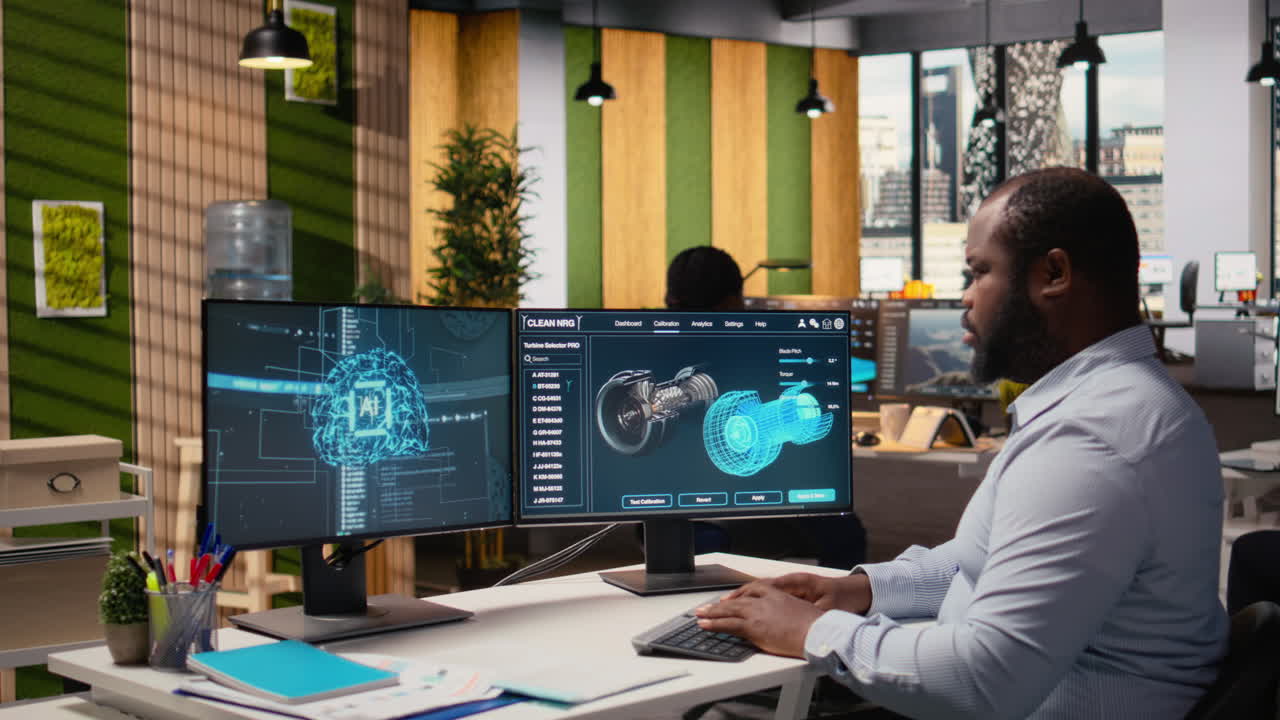 Engineer In Office Working On Wind Turbine Component Cad Design