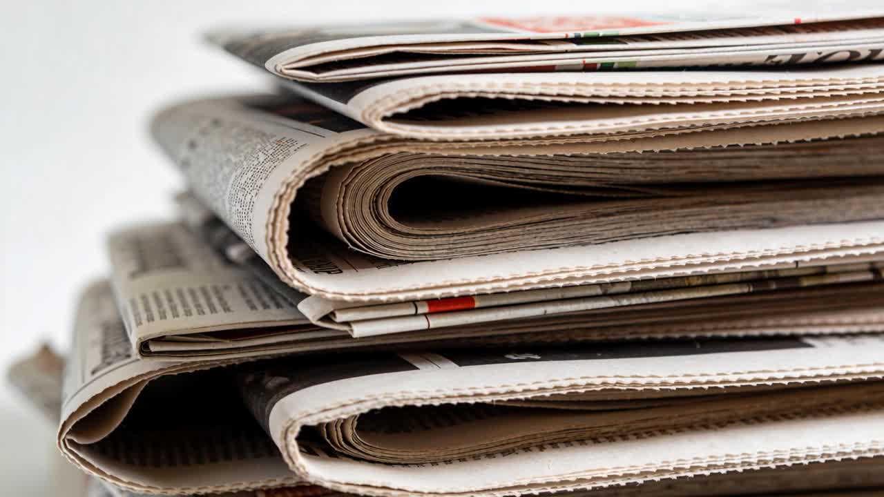 Shifting camera framing stack of folded newspapers on table, revealing curled edges and columns