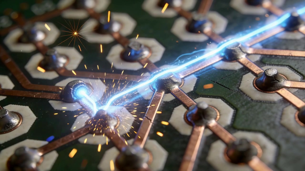Arcing blue plasma filament tracing copper paths on PCB closeup, contacting solder pads