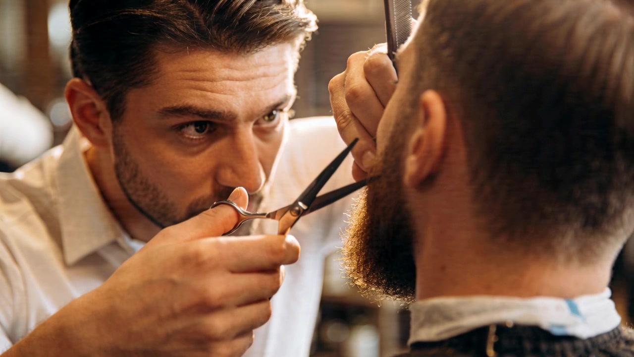 En barber læner sig ind over for at trimme et skæg med saks i en salon, former kanten, iført en lys skjorte, mens kunden bærer en kappe.