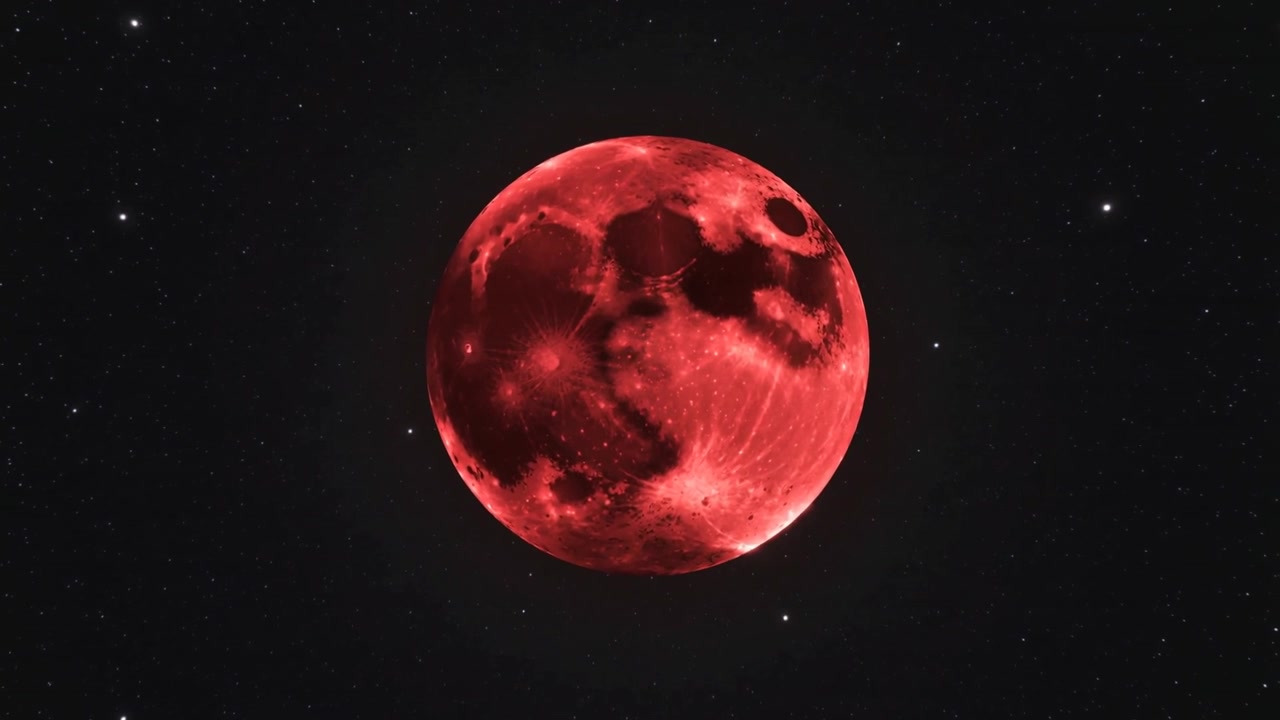 Advancing frames revealing red-tinted full moon brightening and enlarging in dark starfield, crater