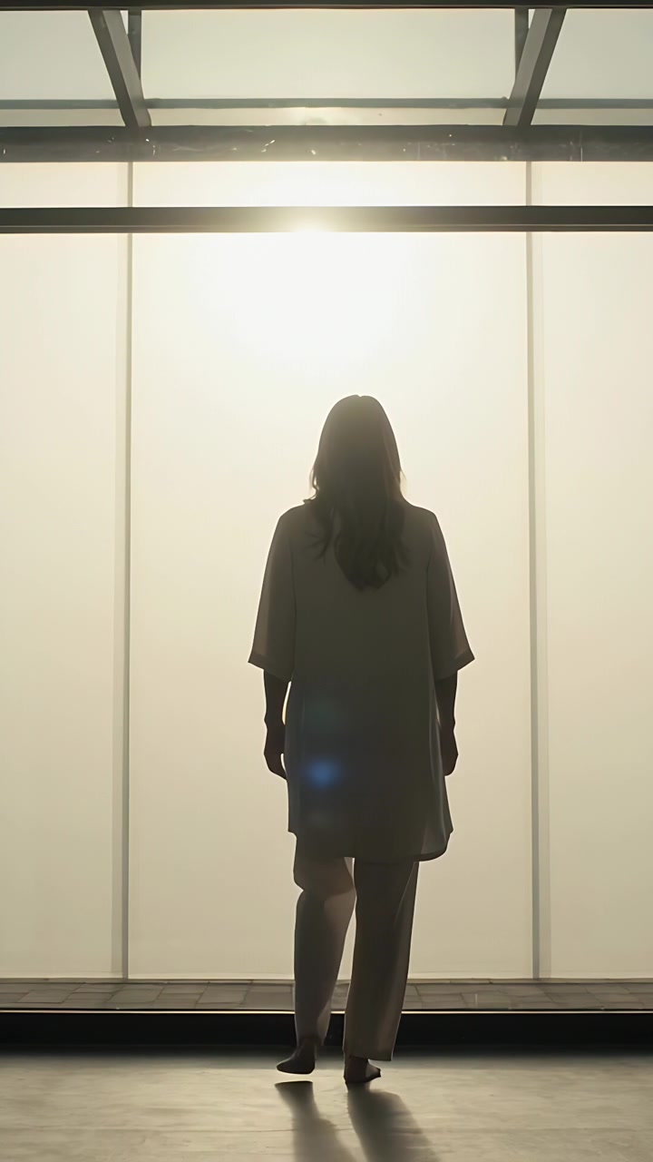Vertical video: Walking woman entering toward frosted wall, stopping in tunic, showing blue flare
