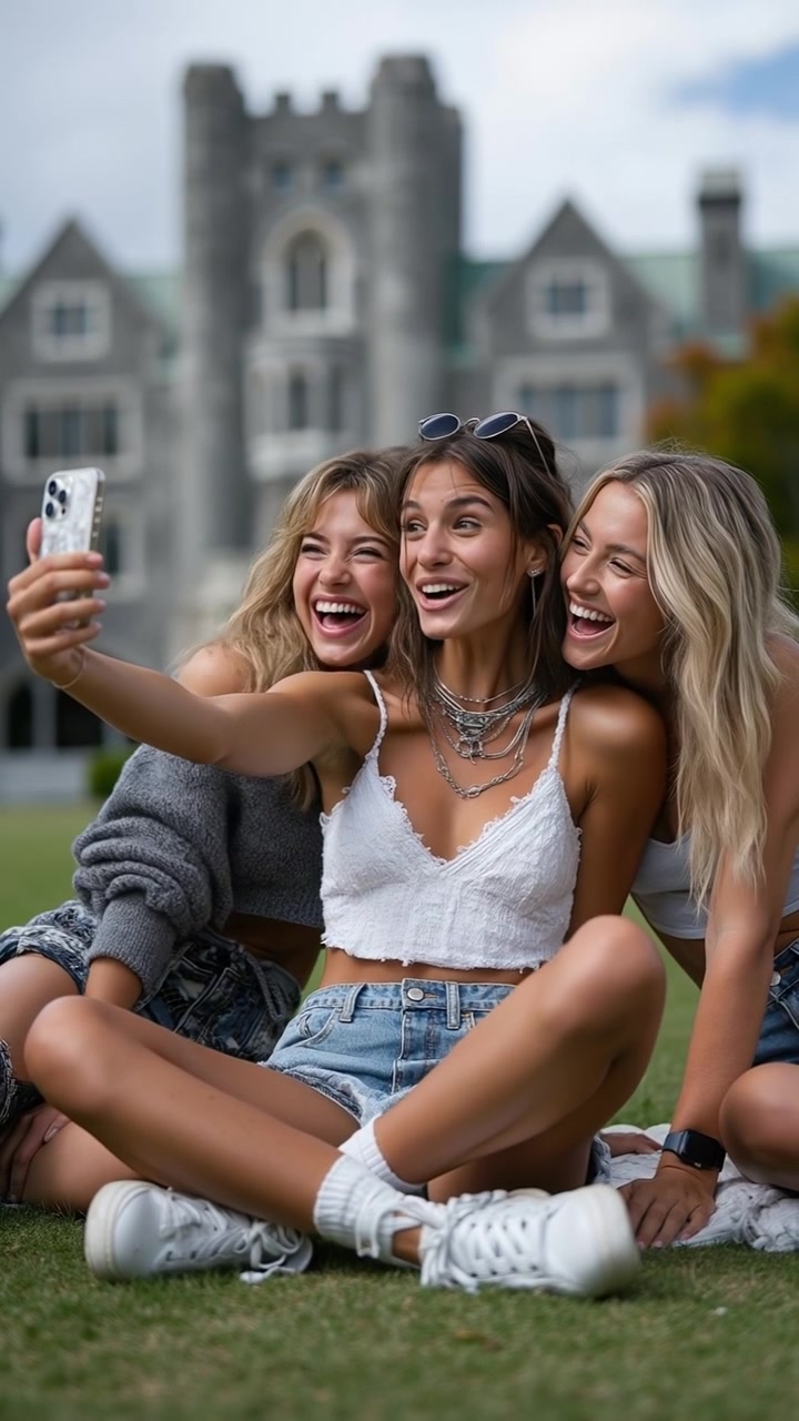 Tres jóvenes sonrientes sentadas en el césped y tomándose una selfie con un smartphone