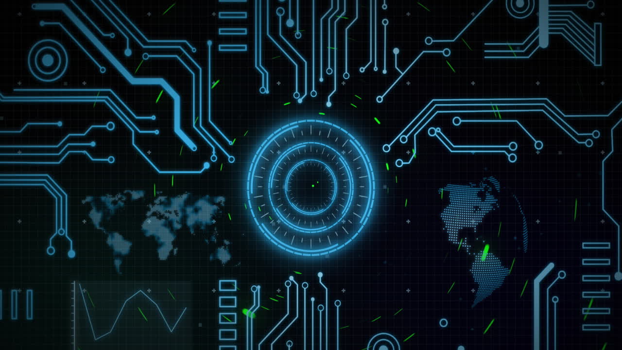 Animation of blue circular scanner with motherboard and processing data on black background