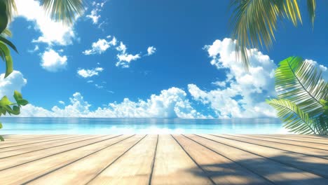 tropical paradise scene with a low-angle view of a wooden deck, lush greenery, and ocean horizon