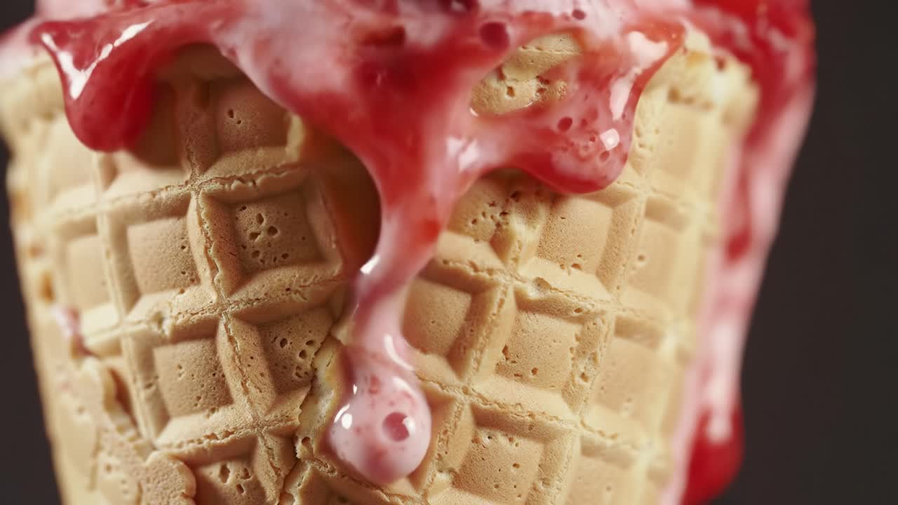 Deliciously Dripping Ice Cream Cone with Strawberry Sauce: A Close-Up Exploration of Sweetness and Texture