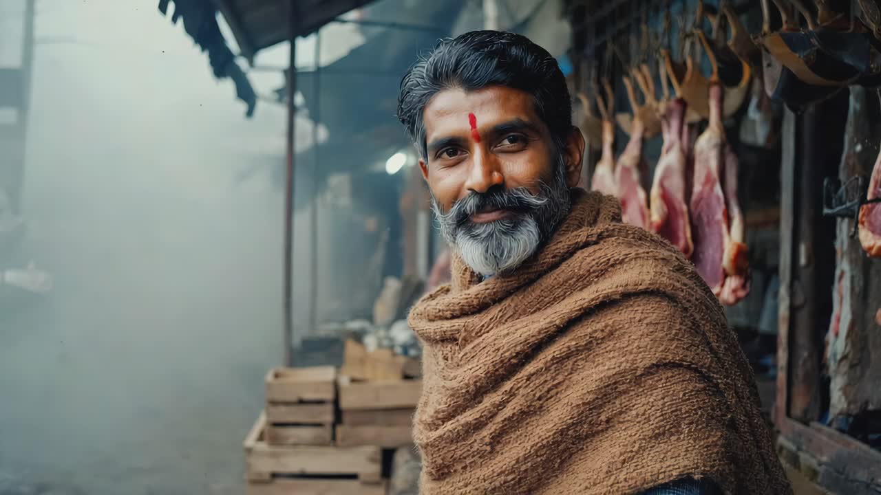Butcher with a grey beard and mustache, dressed in traditional brown attire, selling various meats hanging from hooks in a foggy market, creating a vibrant local atmosphere