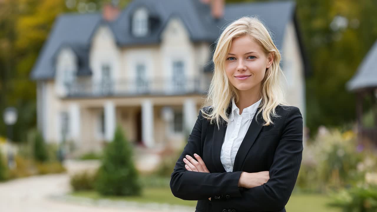 Confident Professional Woman Posing in Front of a Beautiful Country House, Exuding Charm and Elegance with a Bright Smile and a Stylish Attire