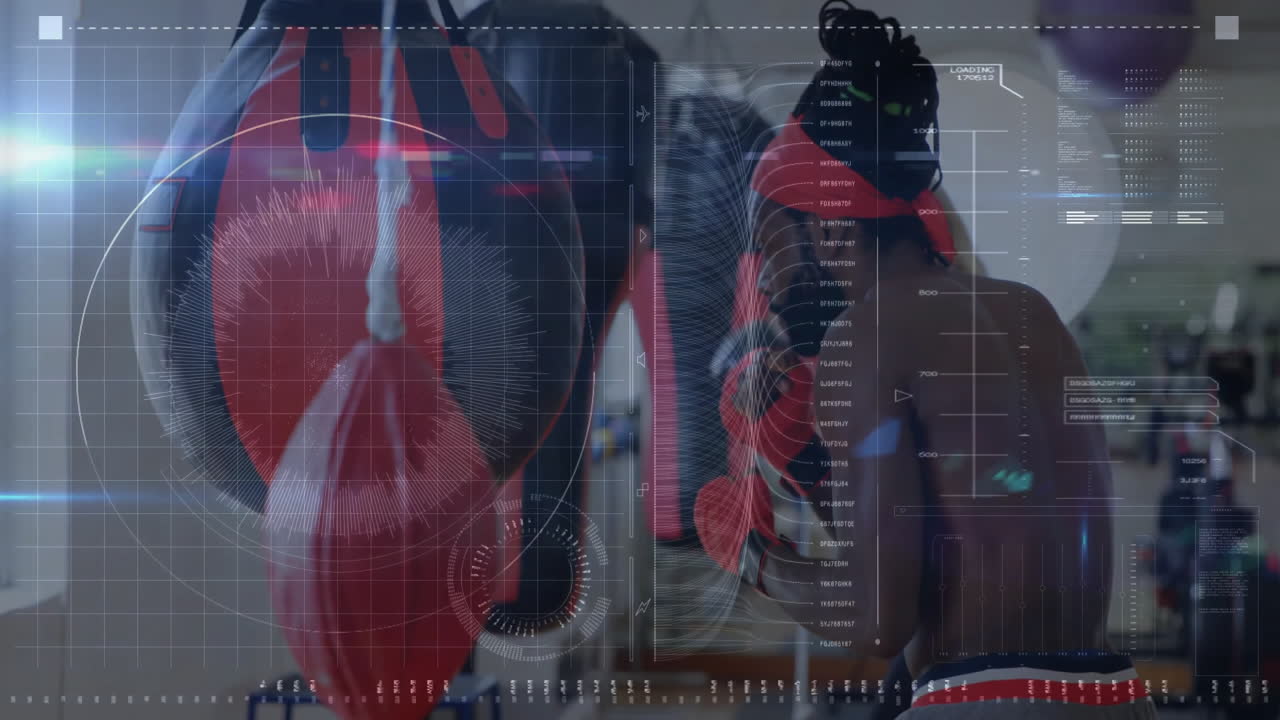 Male boxer punching heavy bag in fitness gym, showing animated HUD performance data