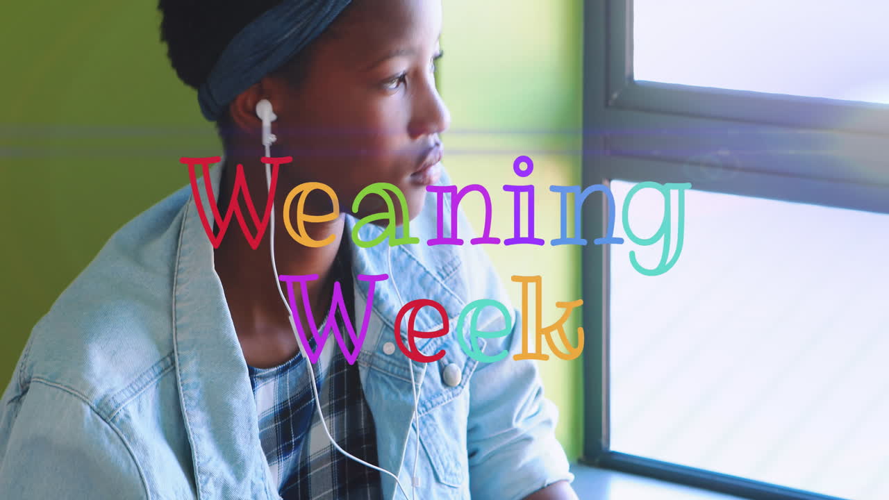 Animation of weaning week text over african american woman