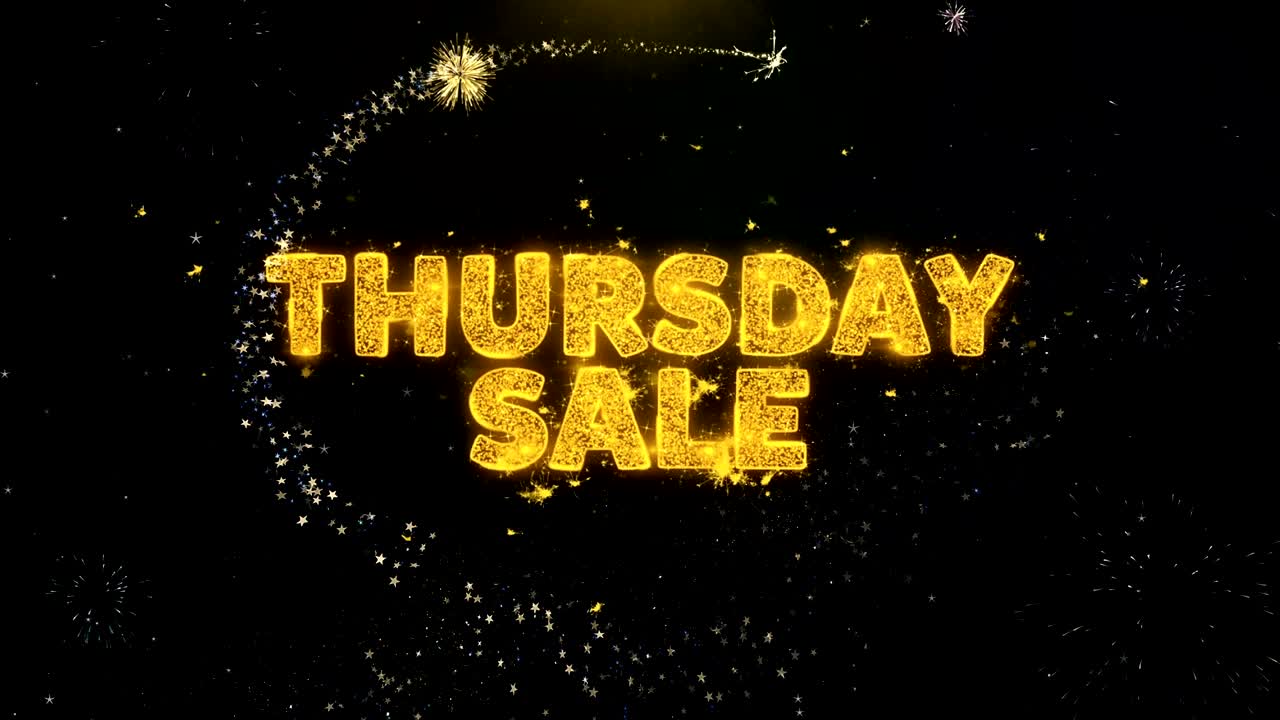 texto de venta del jueves en la exhibición de fuegos artificiales de partículas de oro.