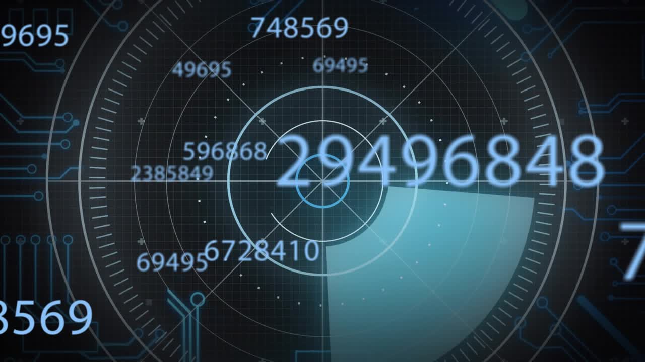 Cyan wedge appearing at 2 o'clock sweeping across grid, lighting markers and visualizing metrics