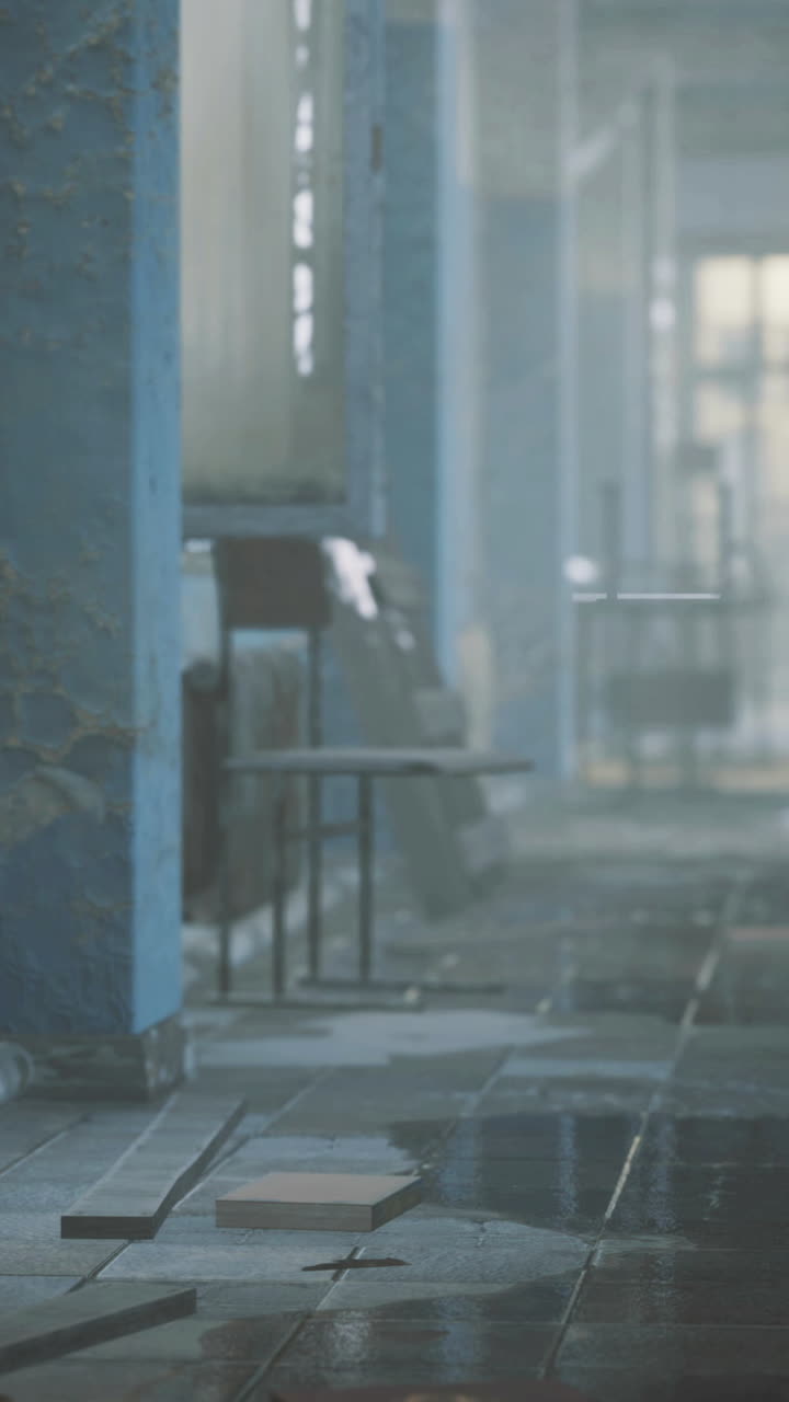Abandoned hallway with industrial design and reflections on wet floor