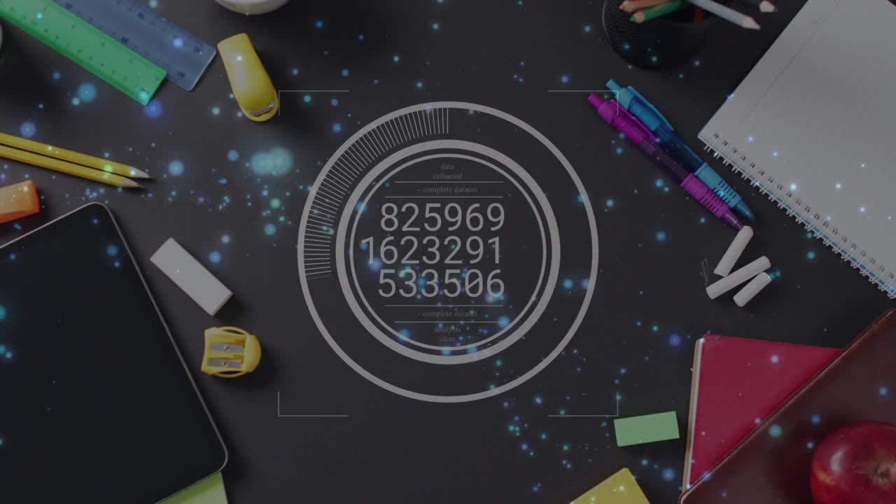 Blue particles drifting across desk starting concentric rings updating data visualizing trends