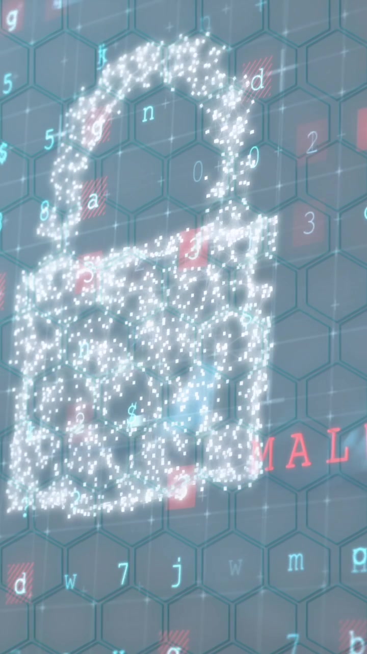 Animation of online security padlock over numbers changing and cyber attack warning