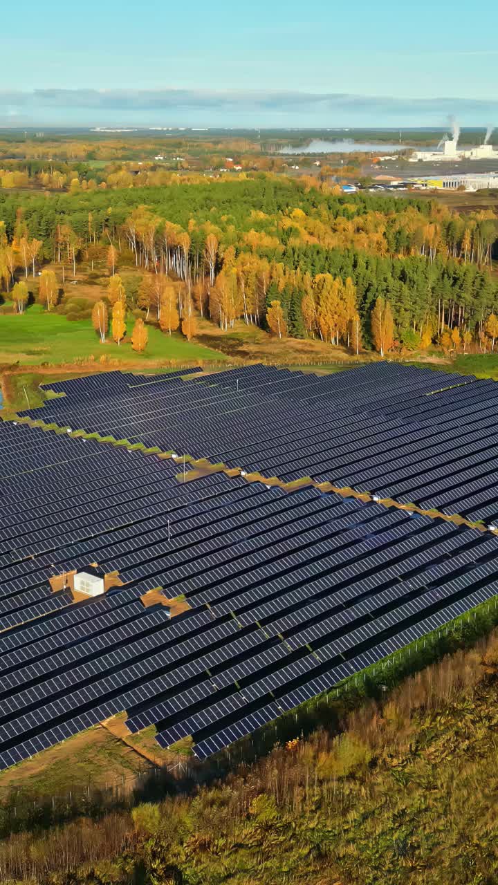 Aerial view of a huge solar park in a field in the middle of nature among the forests.