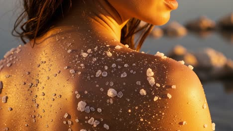 captivating close-up of a beautiful back adorned with glimmering salt crystals under soft sunlight by the water's edge