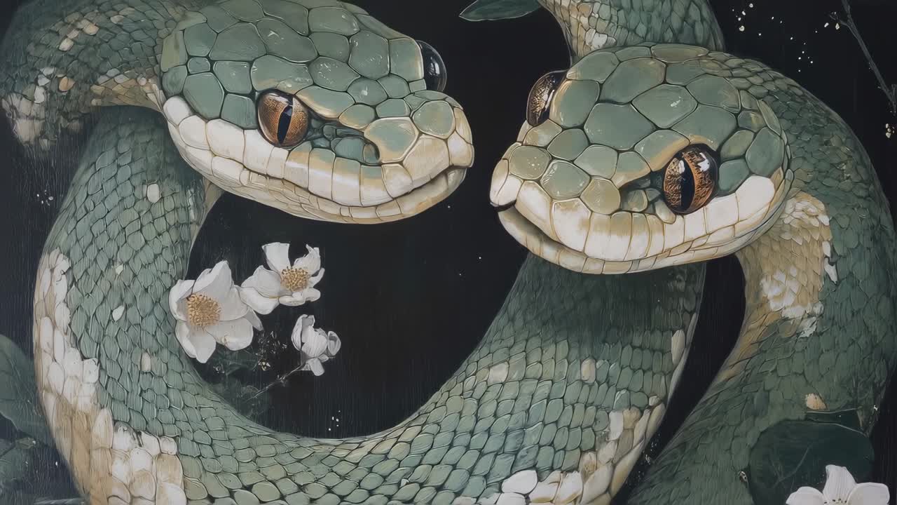 Two Snakes Entwined with Flowers